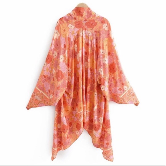 SOLD OUT Orange Boho Floral Print Short Kimono Coverup Wrap - Picture 6 of 8